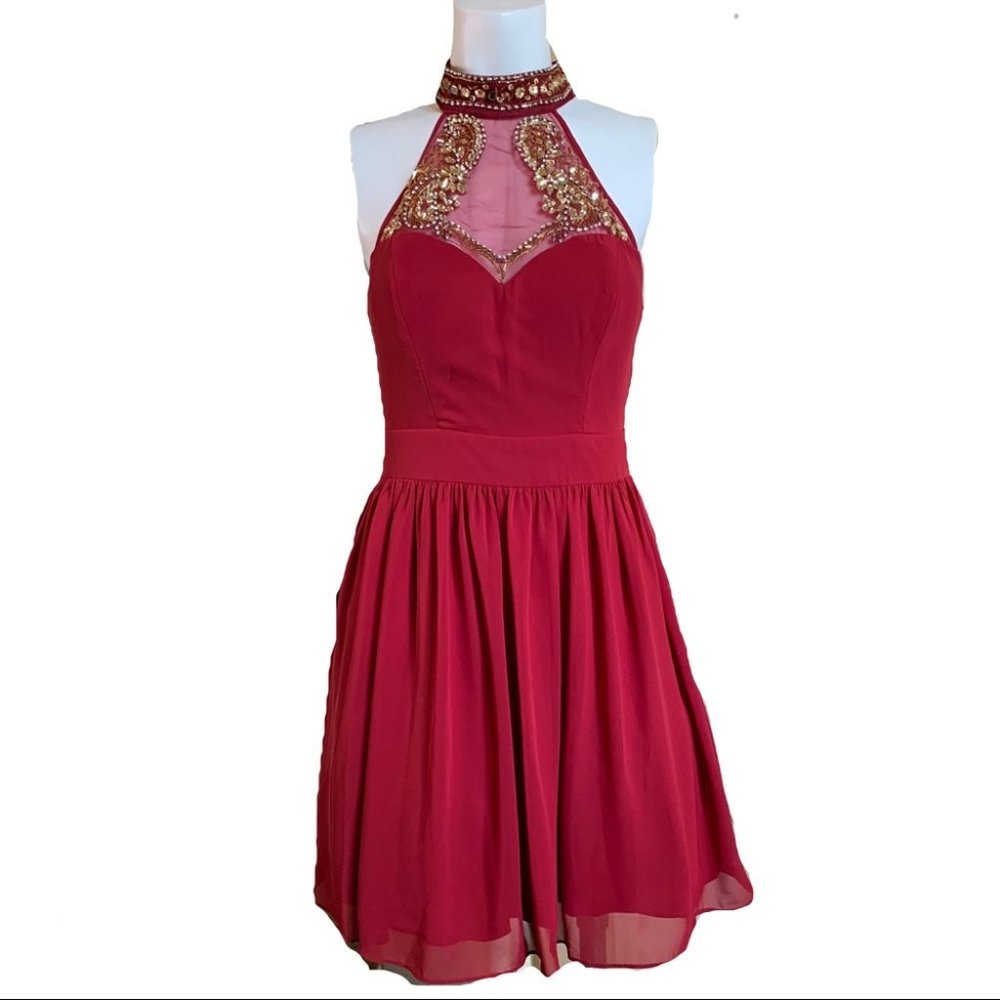 B. DARLIN Junior Chiffon Burgundy Red Halter Jeweled Skater Party Dress Size 1/2